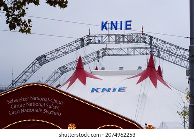 Tent Of Swiss National Circus Names Knie At Sechseläuten Square At City Of Zürich On A Cloudy Autumn Day. Photo Taken October 30th, 2021, Zurich, Switzerland.