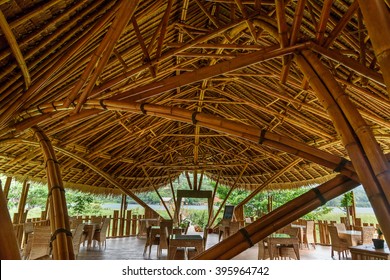 Tentena, Indonesia - Dec 12, 2015: Bamboo House by the Poso lake, built predominantly using bamboo. It's designed by Effan Adhiwira. 