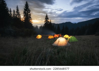 Tiendas de campaña brillan por la noche en el bosque, montaña de los Cárpatos, Ucrania