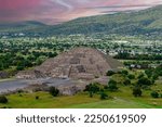 Teotihuacan archaeological zone, pyramid of the moon, sunset and green landscape