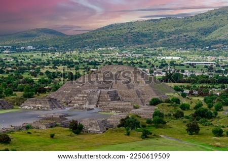 Teotihuacan archaeological zone, pyramid of the moon, sunset and green landscape