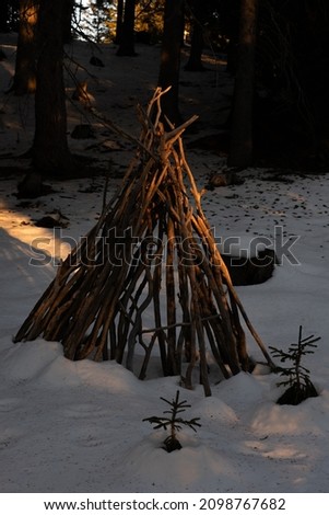 Tepee made of wooden sticks in the forrest in the winterseason.