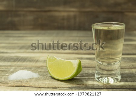 Tequila in a glass with salt and lime. Lime with salt and tequila close-up photo, side view. Background with space for text
