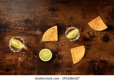 Tequila With Lime And Nacho Chips, Overhead Flat Lay Shot