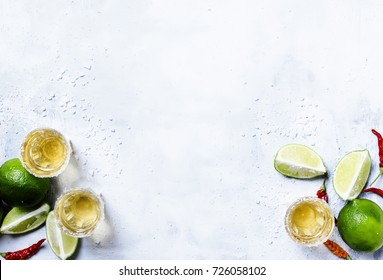 Tequila With Lime And Salt. Drink Background Top View