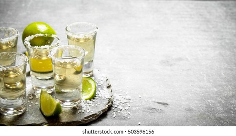 Tequila With Lime And Salt. On The Stone Table.