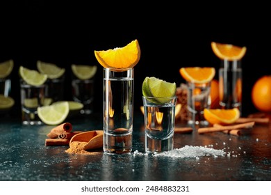 Tequila with lime and salt and tequila with orange and cinnamon.