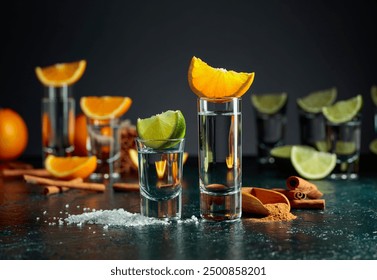 Tequila with lime, salt, orange, and cinnamon.