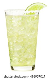 Tequila Margarita cocktail with salted rim and lime garnish in pint glass isolated on white background
