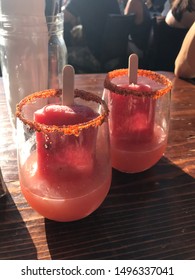 Tequila Margarita Drink With Popsicle And Tajin Rim At A Bar Restaurant Summer Beach