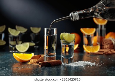 Tequila is poured into a glass. Tequila with lime and salt, and tequila with orange and cinnamon. - Shutterstock ID 2365425915