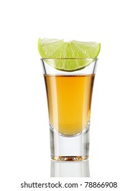 Tequila  Shot With Lime Isolated On White