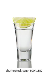 Tequila Shot With Lime Isolated On White