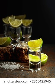 Tequila shots with lime and salt on a rusty background.  - Shutterstock ID 2365425945