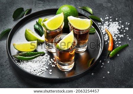 Tequila shots with lime and salt on gray background. Classic bar menu. 