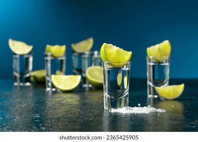 Tequila shots with lime slices and sea salt on a dark blue table. - Shutterstock ID 2365425905