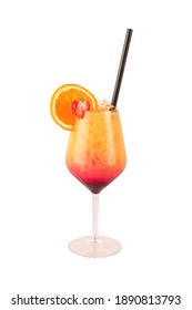 Tequila Sunrise Cocktail Large Wine Glass Decorated With A Wheel Of Orange And Half Of Strawberry With Black Straw Isolated On White Background Layered Color Drink With Orange Juice And Grenadine