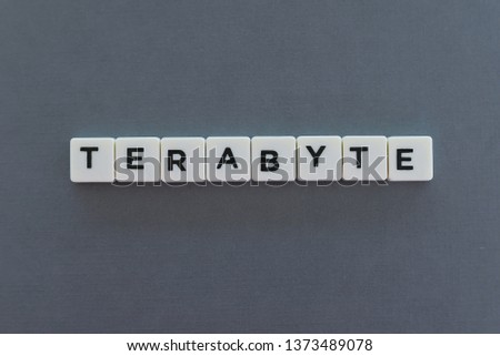 Terabyte word made of square letter word on grey background.