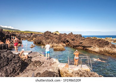 Terceira, Azores PORTUGAL - 3 August 2020 - Real People In Summer In The Biscoitos Natural Sea Pools