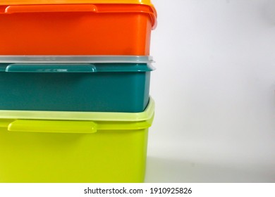 Terengganu, Malaysia - FEBRUARY 5 2021 . Tupperware Containers Set. Tupperware Product Is An American Brand. Food Container. Tree Levels Of Colourful Tupperware.