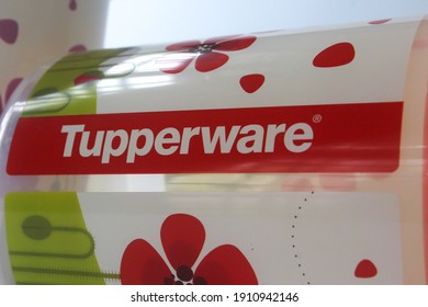 Terengganu, Malaysia - FEBRUARY 5 2021 . Close Up Of Tupperware Brand. Tupperware Product Is An American Brand. Biscuit Containers. Keep Dry. Tupperware Logo On A Container.