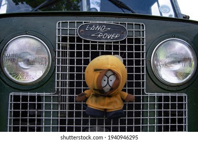 TERENURE, DUBLIN, IRELAND - JULY 02, 2016: The Front Grill Of A Land Rover With Kenny From South Park As A Mascot.