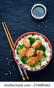 Teriyaki Chicken And Broccoli Stir Fry With Rice. The Toning. Selective Focus