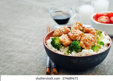 Teriyaki Chicken And Broccoli Stir Fry With Rice. The Toning. Selective Focus