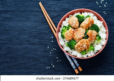 Teriyaki Chicken And Broccoli Stir Fry With Rice. The Toning. Selective Focus