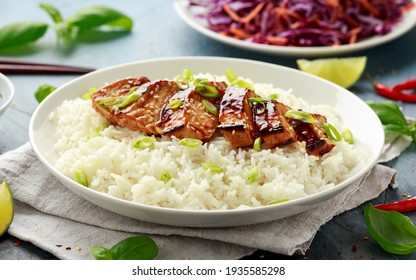 Teriyaki chicken with rice and red cabbage salad. Asian style food
