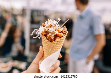 Teriyaki Chicken With Waffle Cone. Street Food