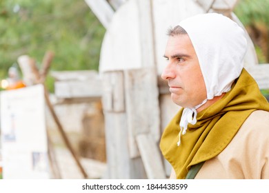 Terlizzi Bari, Puglia/ Italia - 25 Maggio 2019: Side Profile Of Mature Middle Aged Italian Man With Medieval Clothes