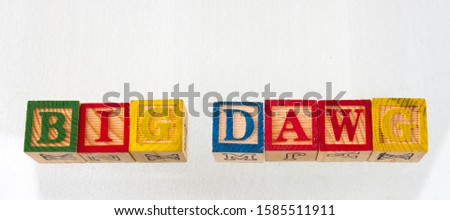 The term big dawg visually displayed on a white background using toy blocks image with copy space