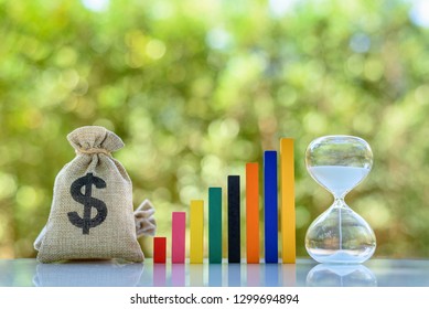 Term fund / time value of money / wealth creation, financial concept : US dollar bag, rising bar graph with hourglass, ideas about sustainable fund investment from private income for long term growth - Powered by Shutterstock
