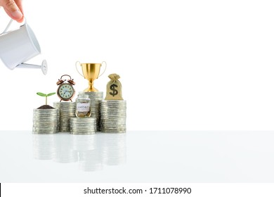 Term fund / time value of money / wealth creation, financial concept : Water is poured from a watering can on small tree and coins, depict sustainable asset, investment for long-term dividend payout