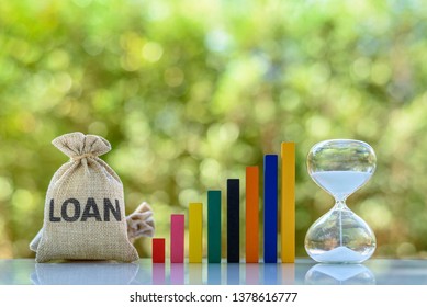 Term loan, financial concept : Loan bag, rising bar graph, hourglass on a table, depict loan from bank for specific amount, has specified repayment schedule with either fixed or floating interest rate