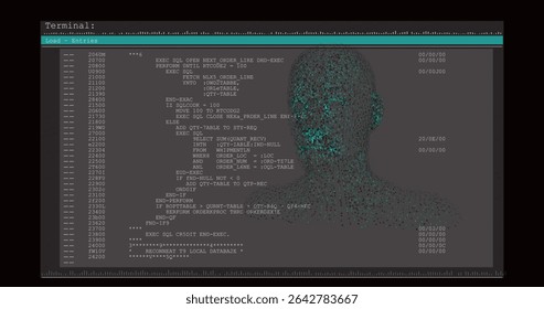 Terminal window displaying code in console, with teal header bar and glowing mesh head, copy space. Futuristic, cyber, technology, digital, interface, holographic, science