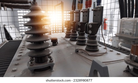 Terminals Conection Cable on  High voltage transformer with electrical insulation and electrical equipment in power house on factory.