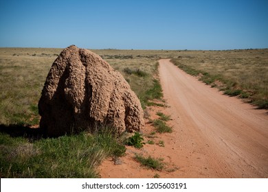 Termite Ant Mound Beside A Dirt Road In The Remote Outback Of Western Australia. Dirt Road Leading Through Wide Open Spaces In The Rugged Countryside Towards The Horizon.