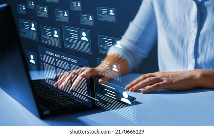 Terms and conditions for employers. Digital contract that describes the working conditions and graphics. Law of observing the rules in society. - Shutterstock ID 2170665129