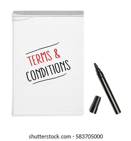 Terms and Conditions on note book with black pen, with copy space, isolated on white background