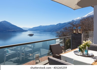 Terrace Of House With Dining Table And Lake View 