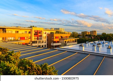 Terrace of new city apartment at sunset time in Krakow, Poland