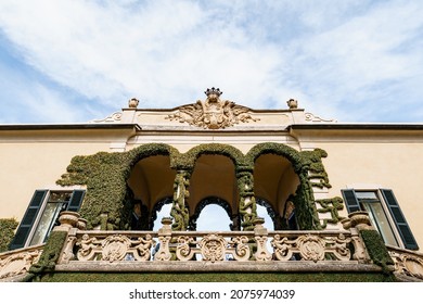 Terrace of Villa Balbianello with ivy-covered arches. Lake Como, Italy