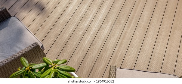 terrace with wpc decking boards. banner copy space - Shutterstock ID 1964916052