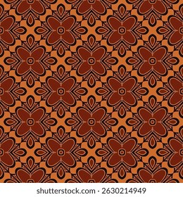 Terracotta ethnic pattern with seamless floral tile repeat fabric background. 
Traditional brown seamless pattern with floral design ornamental tile symmetry in warm earthy tone. Textile wallpaper bg