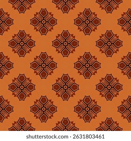 Terracotta ethnic pattern with seamless floral tile repeat fabric background. Traditional brown seamless pattern with floral design ornamental tile symmetry in warm earthy tone. Textile wallpaper bg