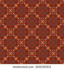 Terracotta ethnic pattern with seamless floral tile repeat fabric background. Traditional brown seamless pattern with floral design ornamental tile symmetry in warm earthy tone. Textile wallpaper bg
