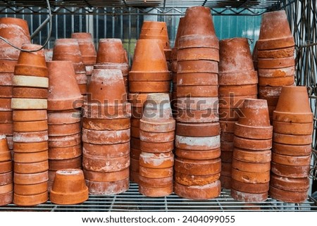 Terracotta Pot Collection in Greenhouse, Eye-Level View