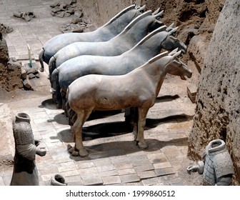 Terracotta Warriors, Xian, Shaanxi Province, China - Aug 23 2012: Horses In The Terracotta Army, Pit 3, The Command Center. The Terracotta Figures Represent The Army Of Emperor Qin Shu Huang.